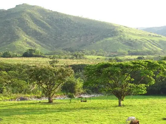 Paisaje verde exuberante del Valle del Magdalena cerca de Buga, con montañas, árboles y un pequeño arroyo.