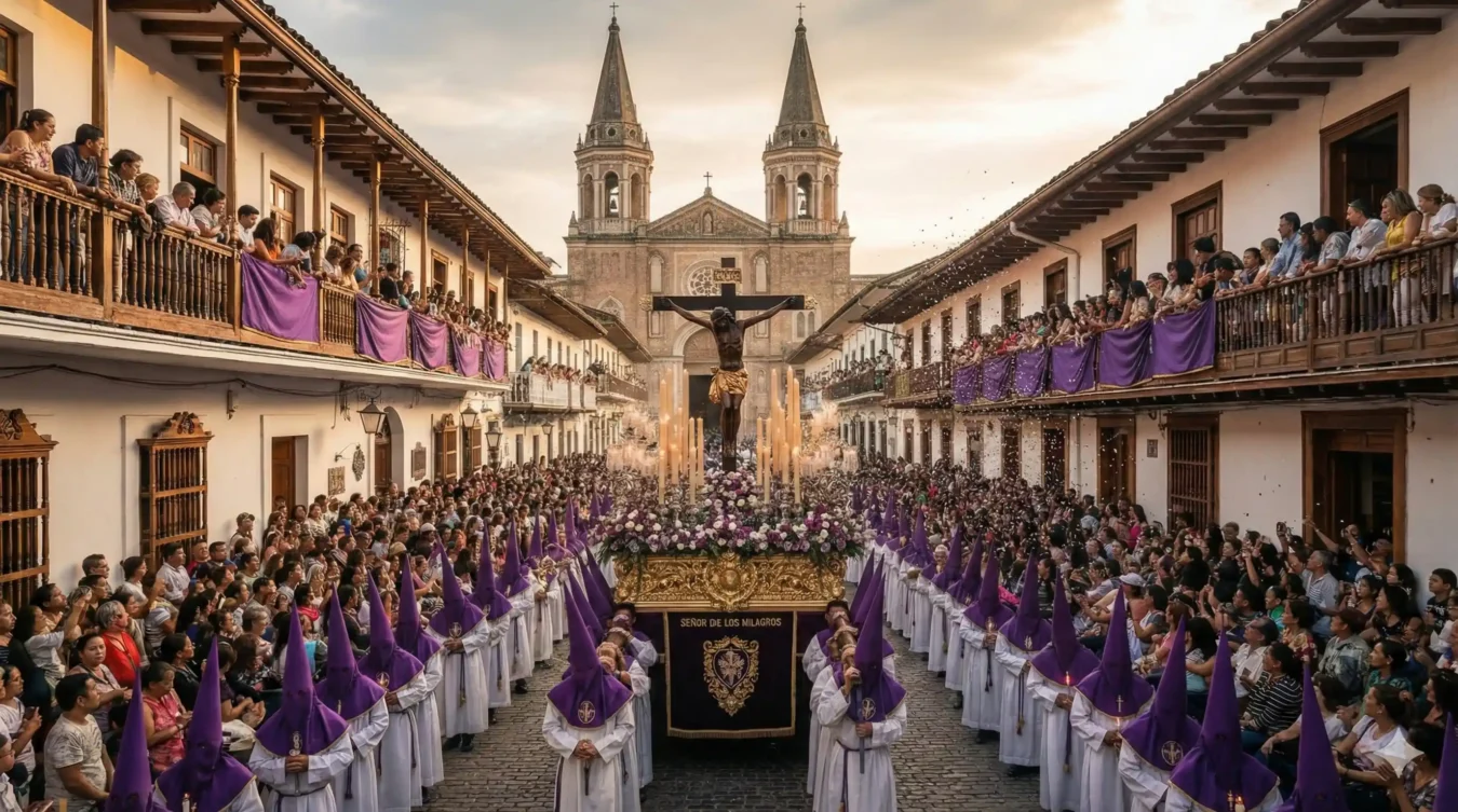 Procesión del Señor de los Milagros en Buga, Colombia, con nazarenos morados y multitudes en las calles y balcones.